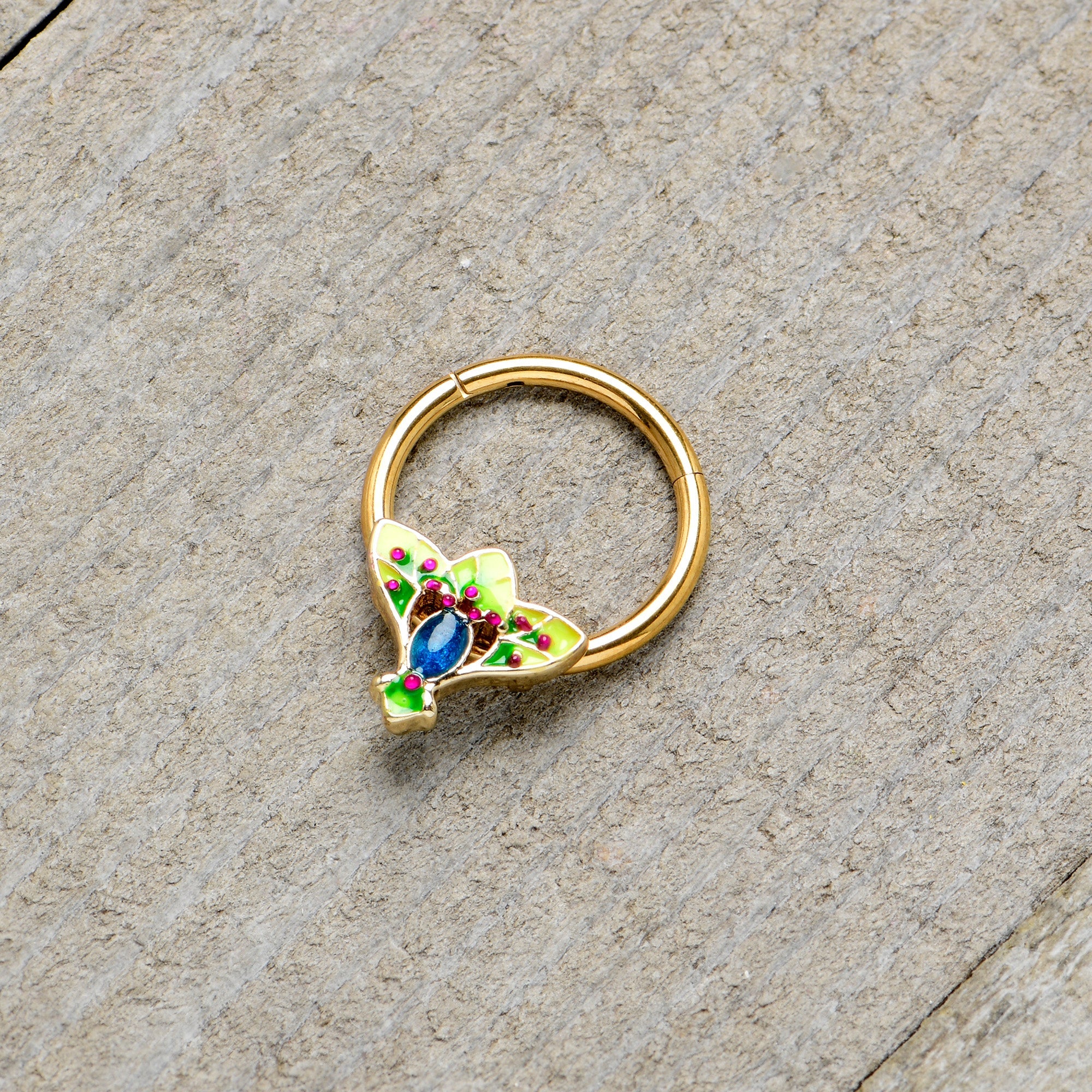 16G 3/8 Blue Gem Gold Tone Tropic Fan Hinged Segment Ring