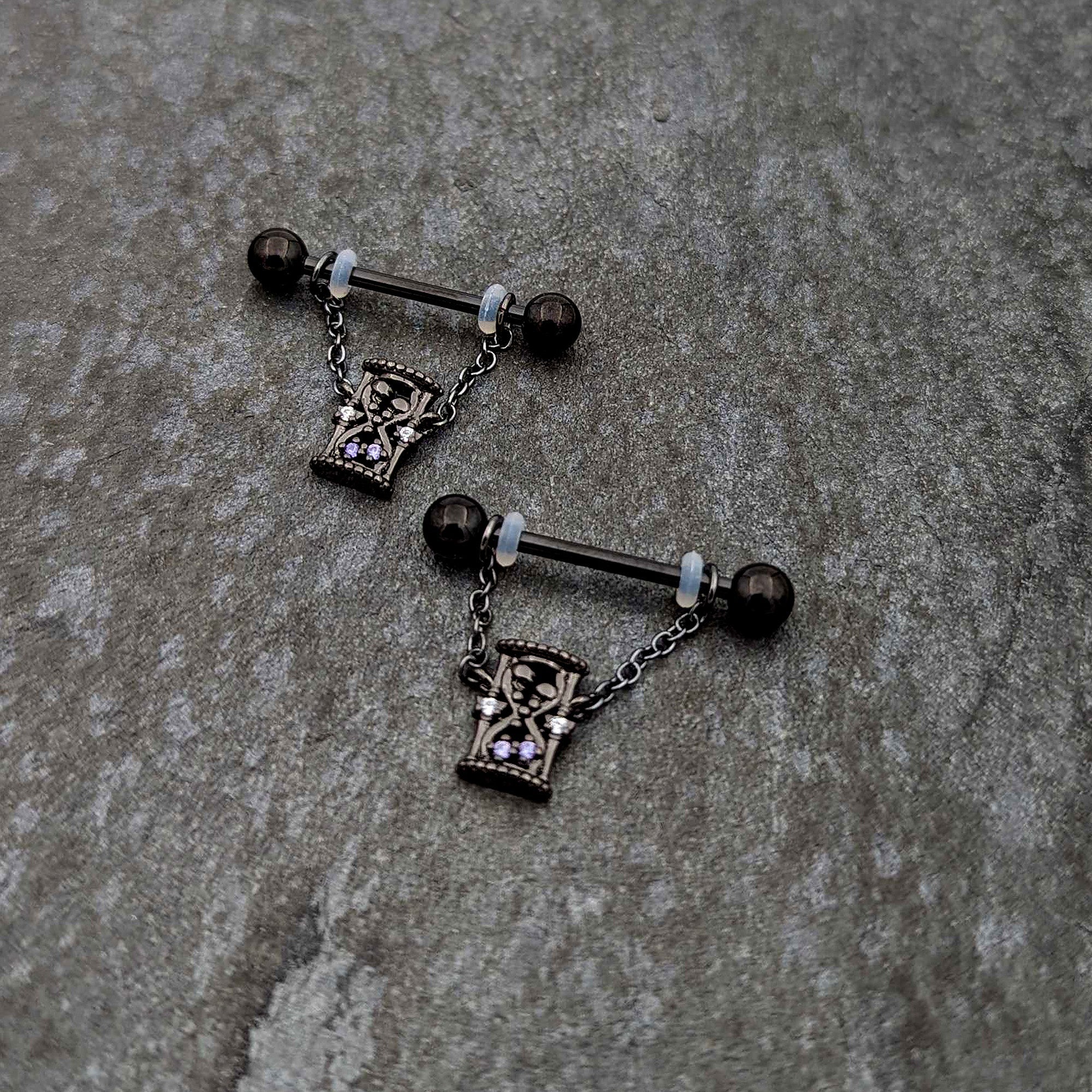 14G 5/8 Purple Gem Black Goth Hourglass Chain Dangle Nipple Ring Set