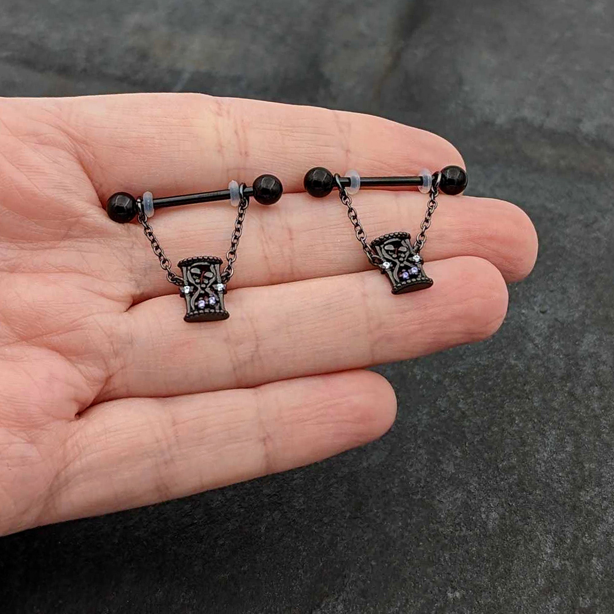 14G 5/8 Purple Gem Black Goth Hourglass Chain Dangle Nipple Ring Set