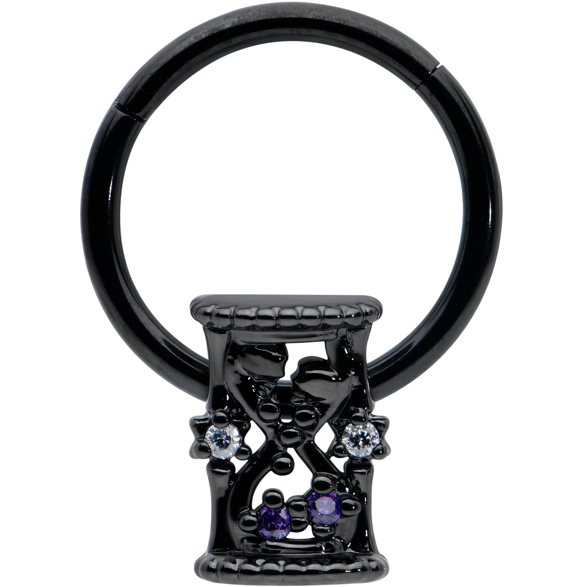 16G 3/8 Purple Gem Black Heart Goth Hourglass Hinged Segment Ring