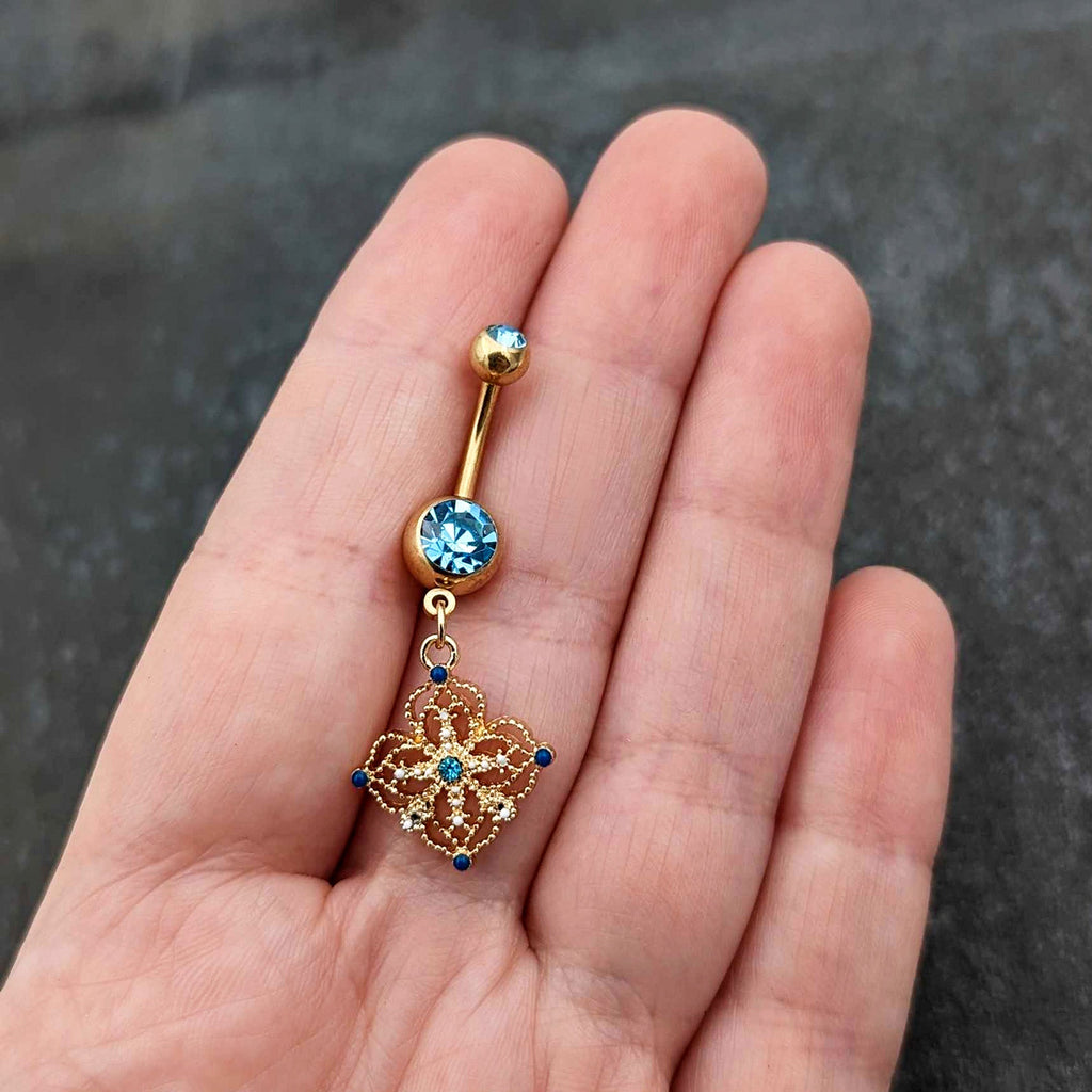 Blue Gem Gold Tone Texture Emblem Dangle Belly Ring