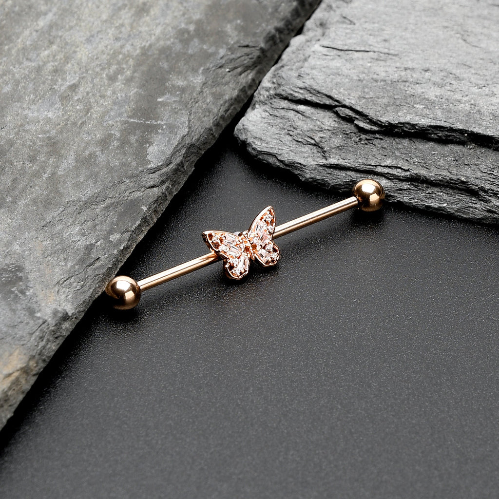 14G Clear Gem Rosy Tone Baroque Butterfly Industrial Barbell 38mm