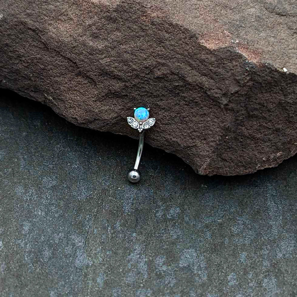 16G 5/16 White Synthetic Opal Style Flower Curved Eyebrow Ring