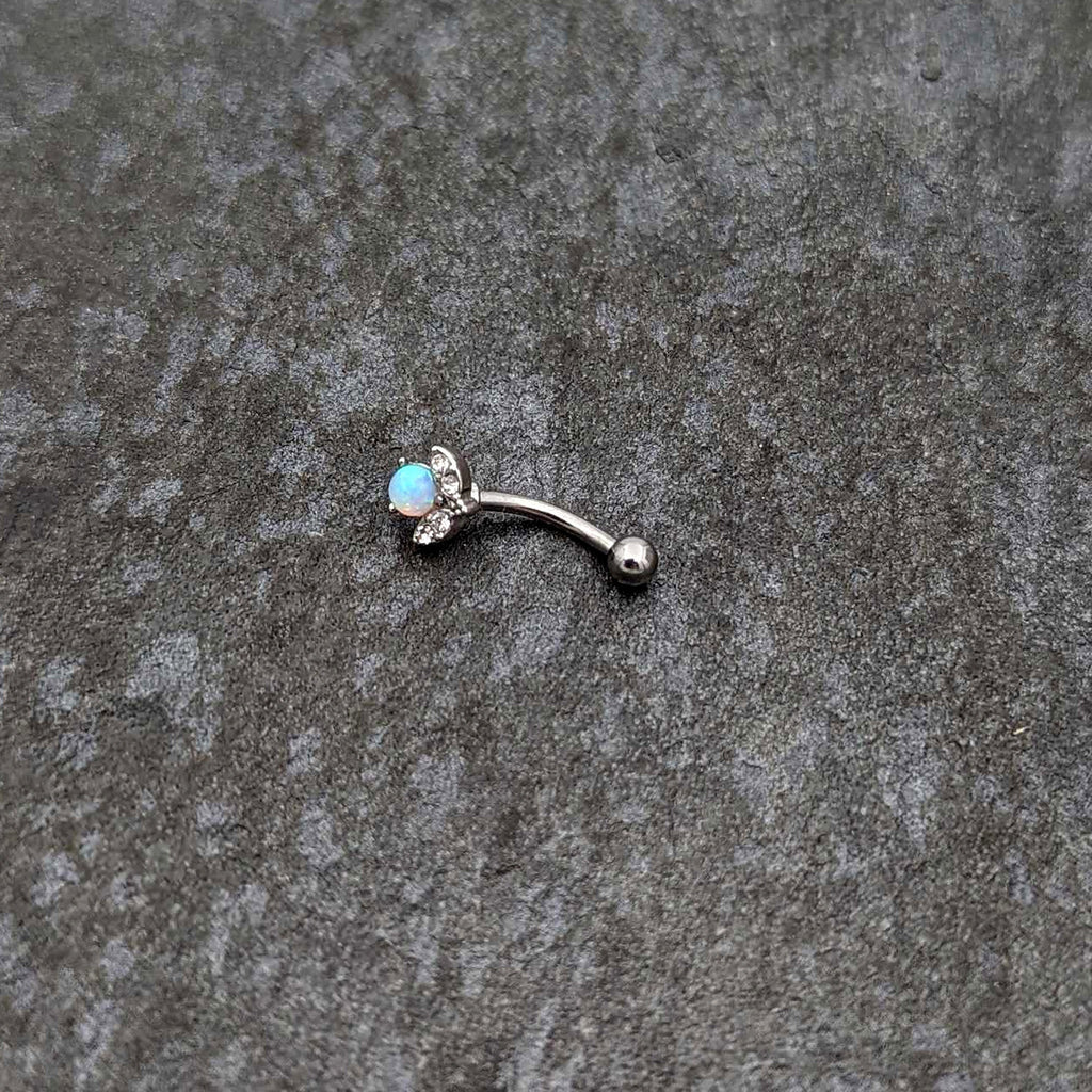 16G 5/16 White Synthetic Opal Style Flower Curved Eyebrow Ring