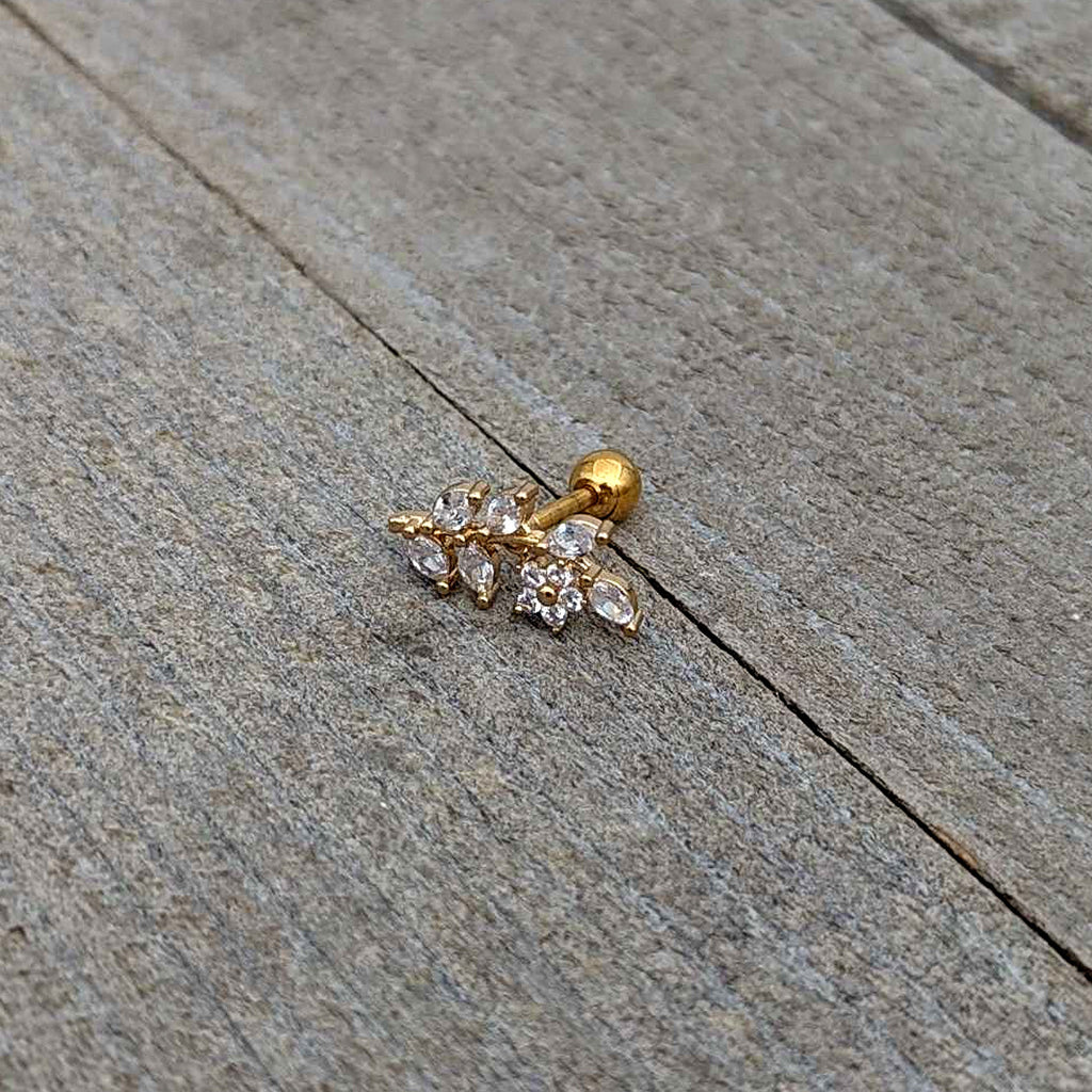 16G 1/4 Clear CZ Gem Gold Hue Flower Vine Cartilage Tragus Earring