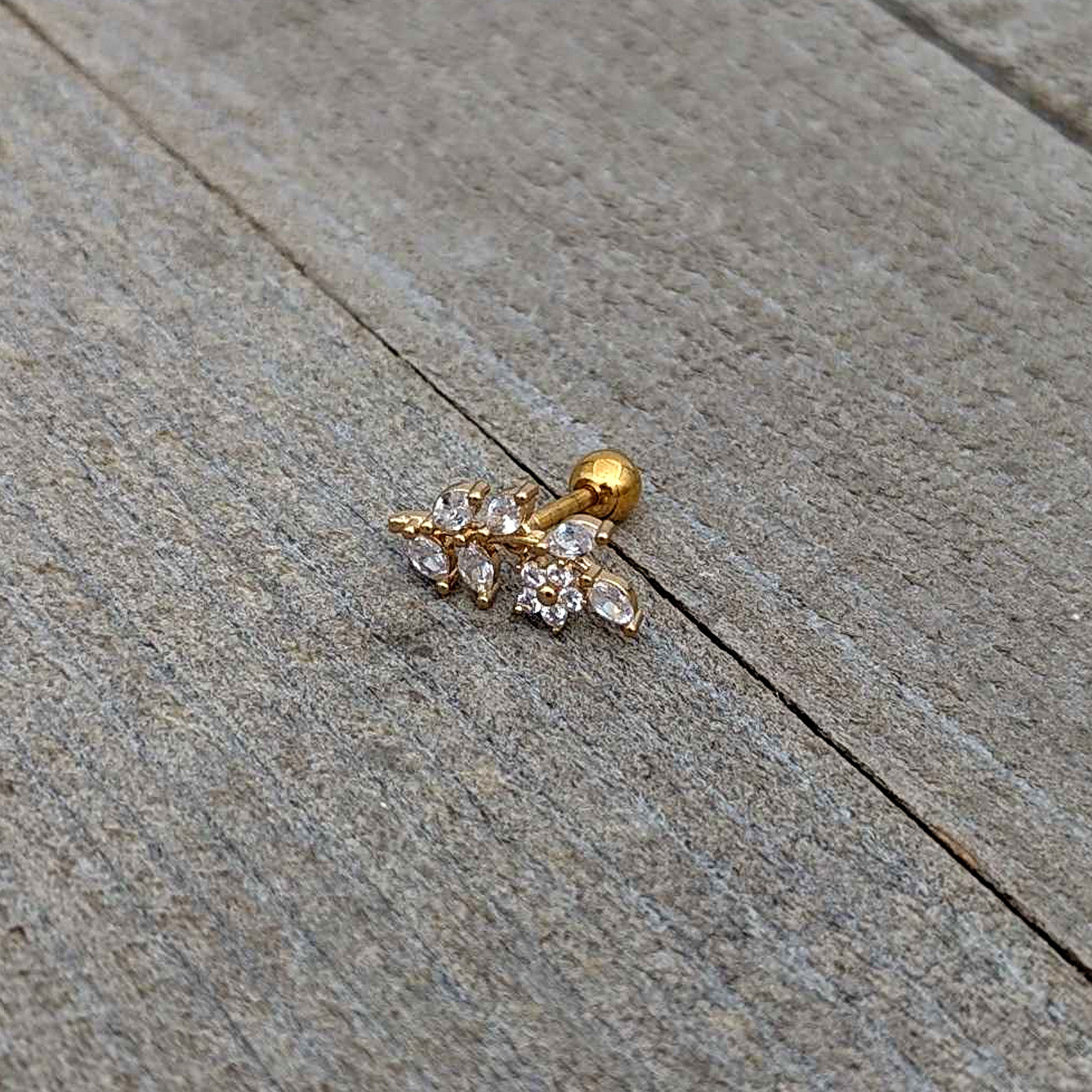 16G 1/4 Clear CZ Gem Gold Hue Flower Vine Cartilage Tragus Earring