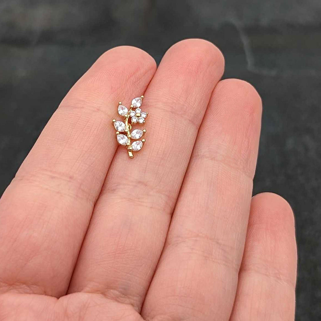 16G 1/4 Clear CZ Gem Gold Hue Flower Vine Cartilage Tragus Earring