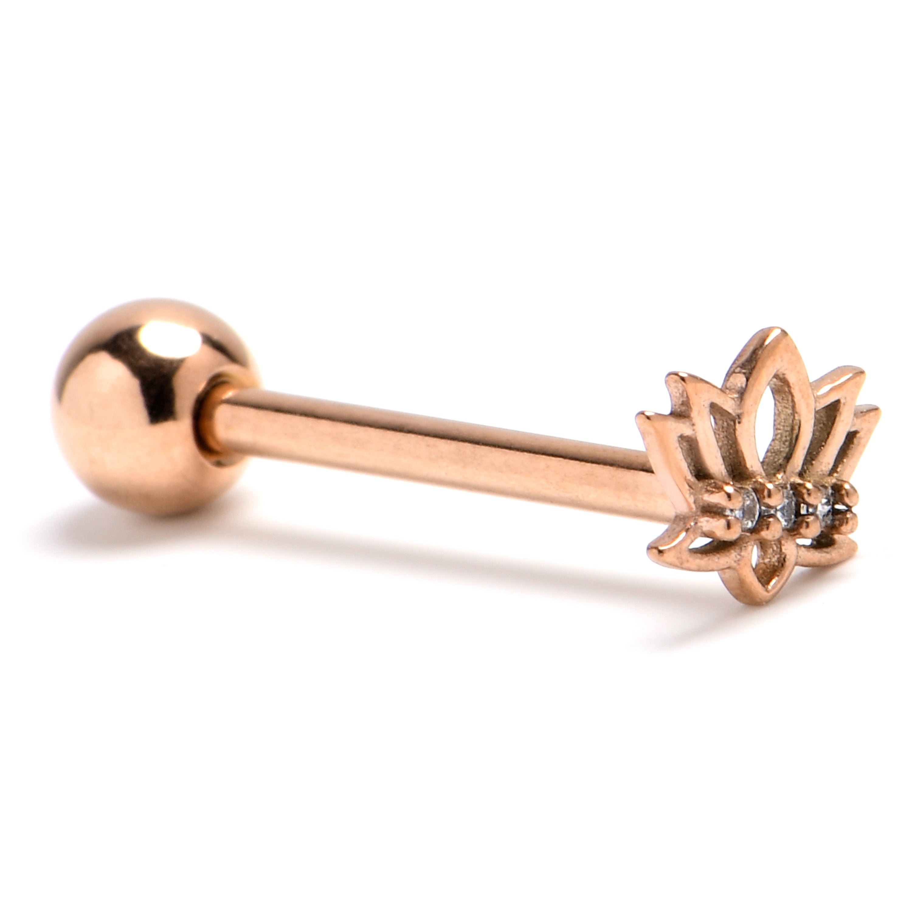 Clear Gem Rose Gold Tone Open Lotus Flower Barbell Tongue Ring