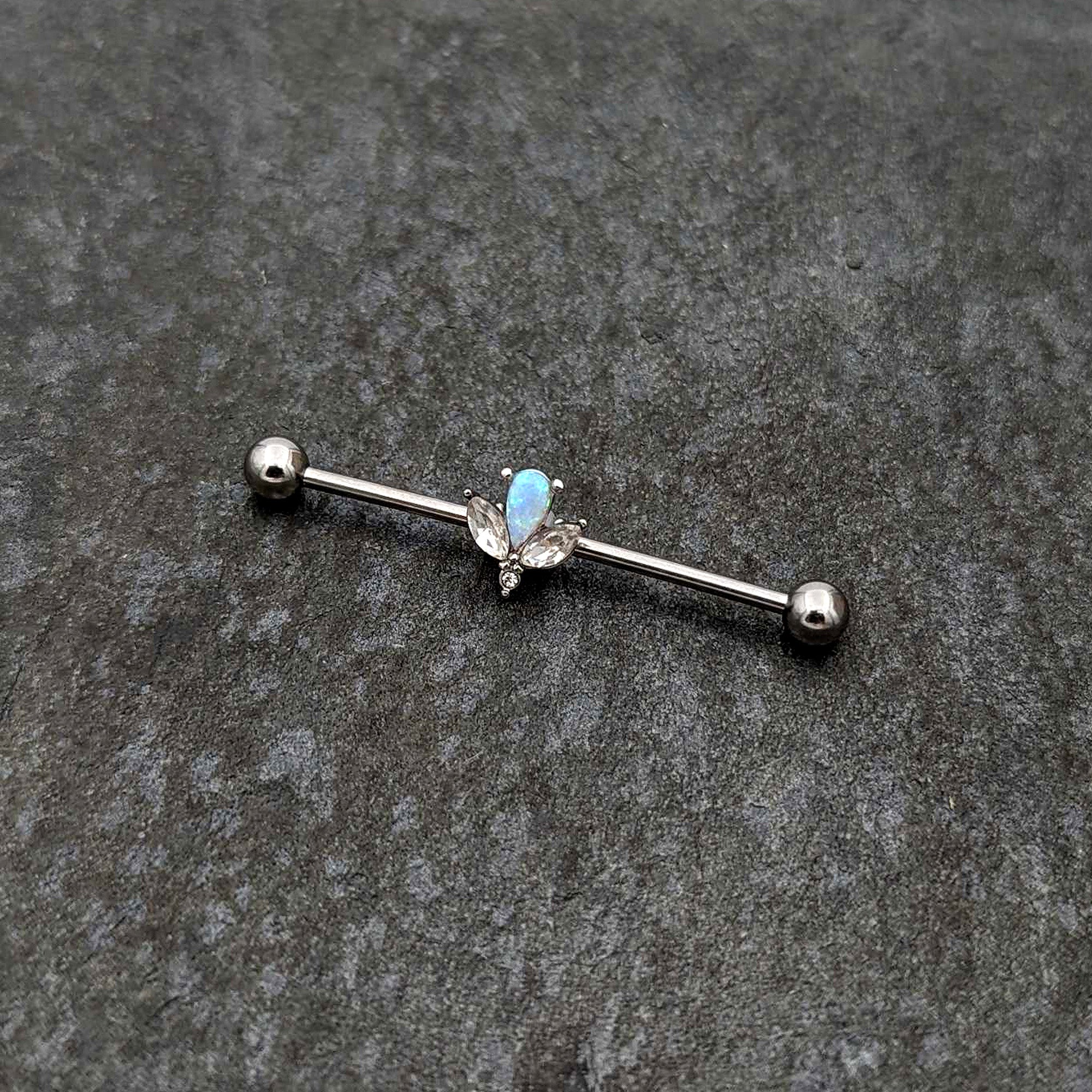 14G White Faux Opal Style Flower Industrial Barbell 38mm