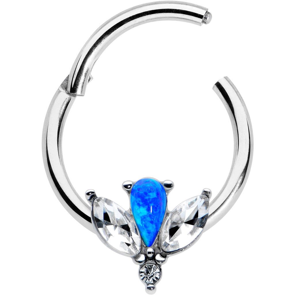 16G 3/8 Blue Faux Opal Style Flower Hinged Segment Ring