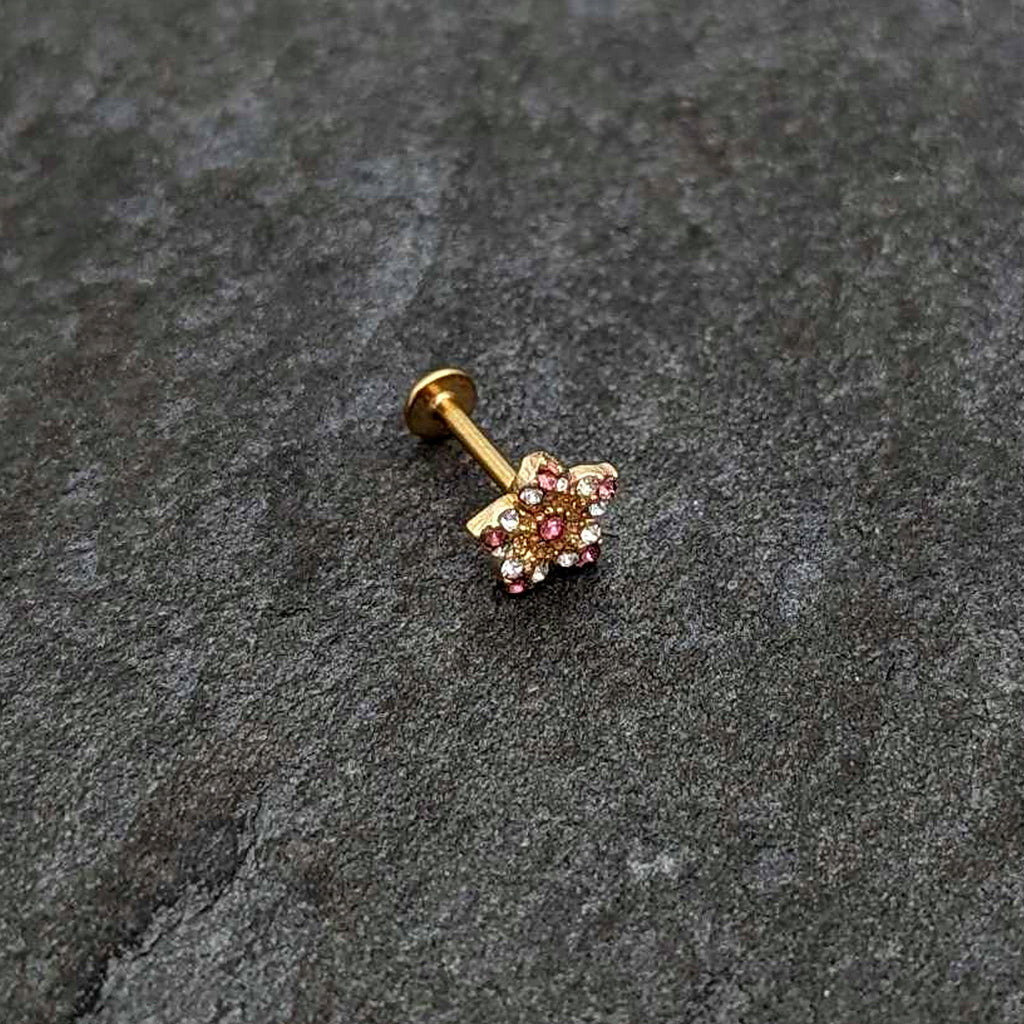 16G 5/16 Pink Gem Gold Tone Texture Star Labret Monroe Tragus