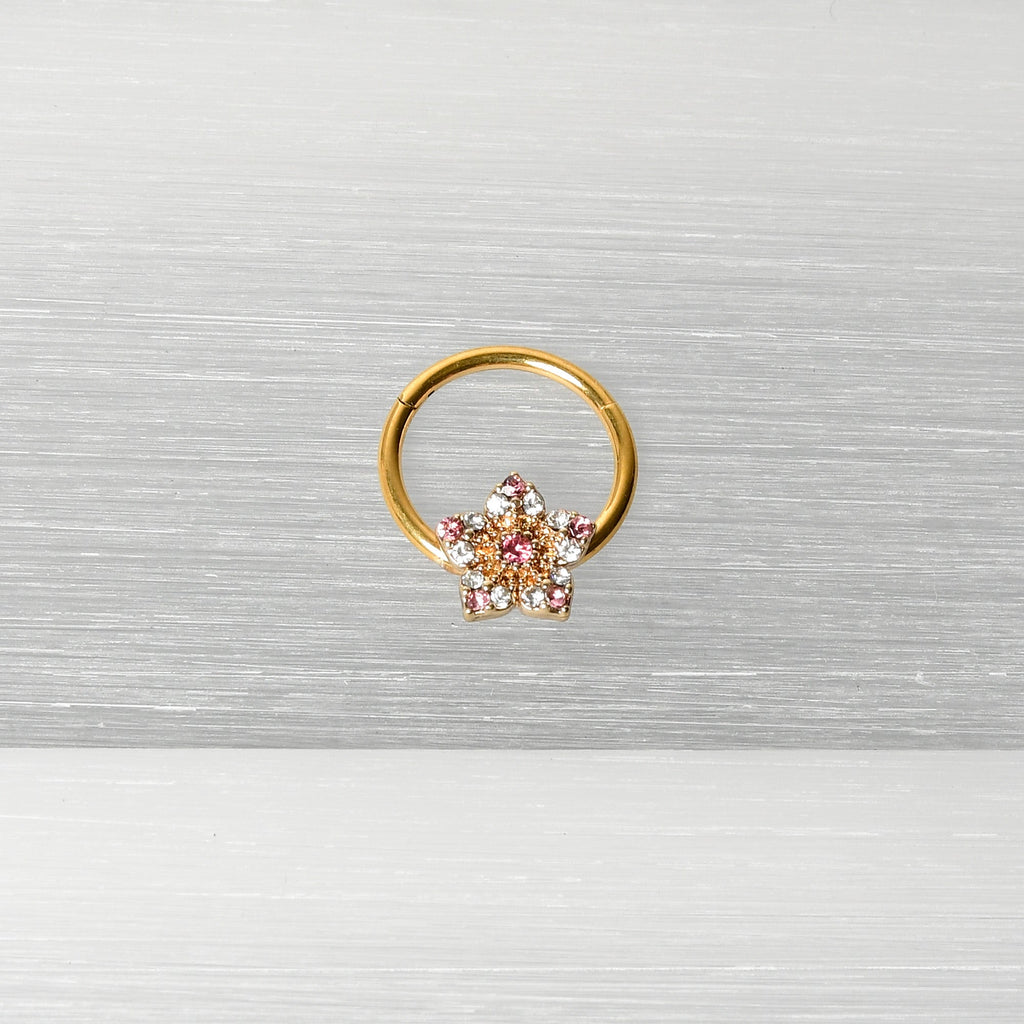 16G 3/8 Pink Clear Gem Gold Tone Texture Star Hinged Segment Ring