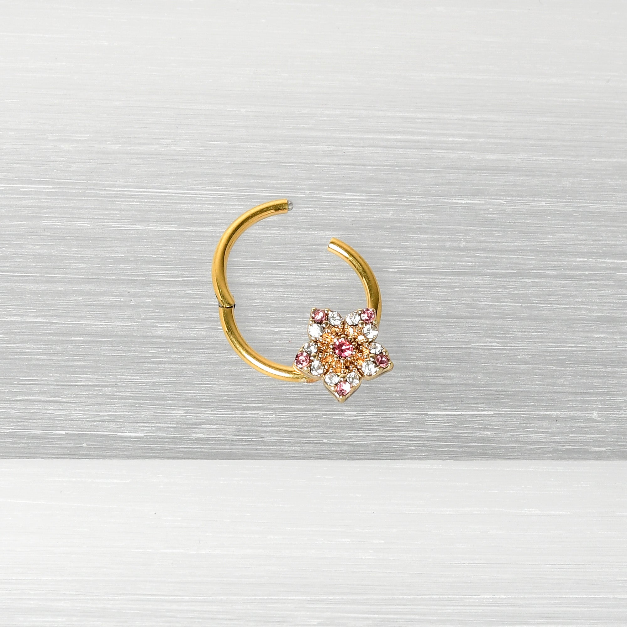 16G 3/8 Pink Clear Gem Gold Tone Texture Star Hinged Segment Ring