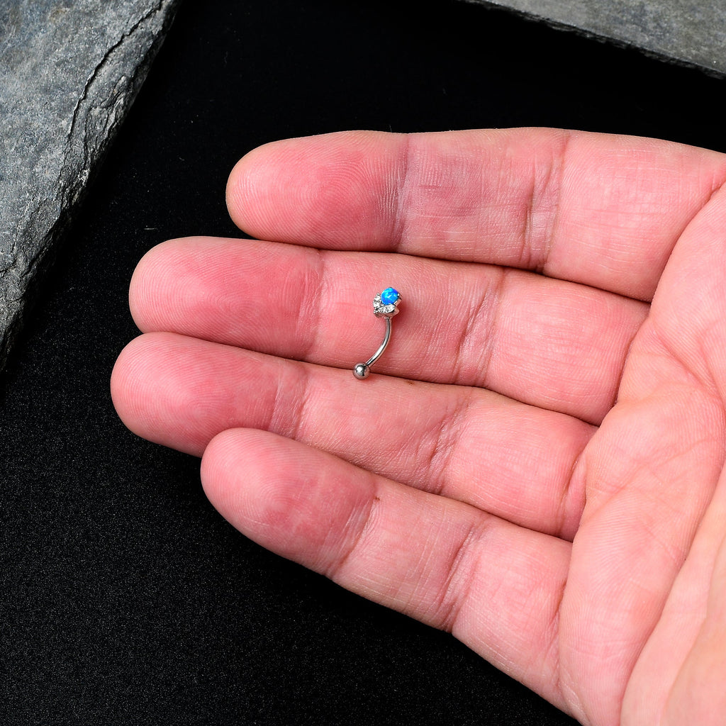 16G 5/16 Clear Gem Blue Faux Opal Style Flower Curved Eyebrow Ring