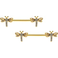 14G 9/16 Clear Gem Gold Tone Flying Dragonfly Nipple Ring Set