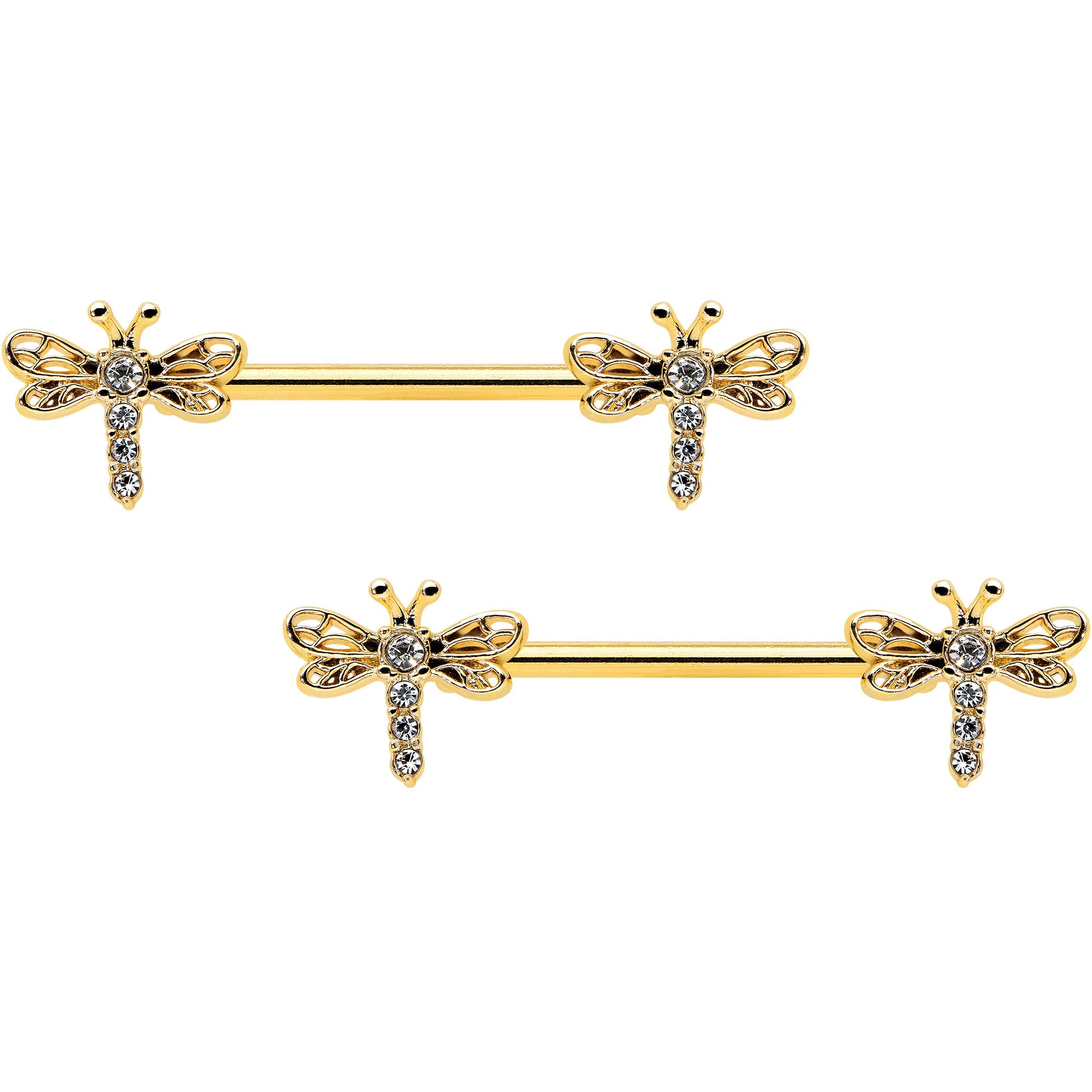 14G 9/16 Clear Gem Gold Tone Flying Dragonfly Nipple Ring Set