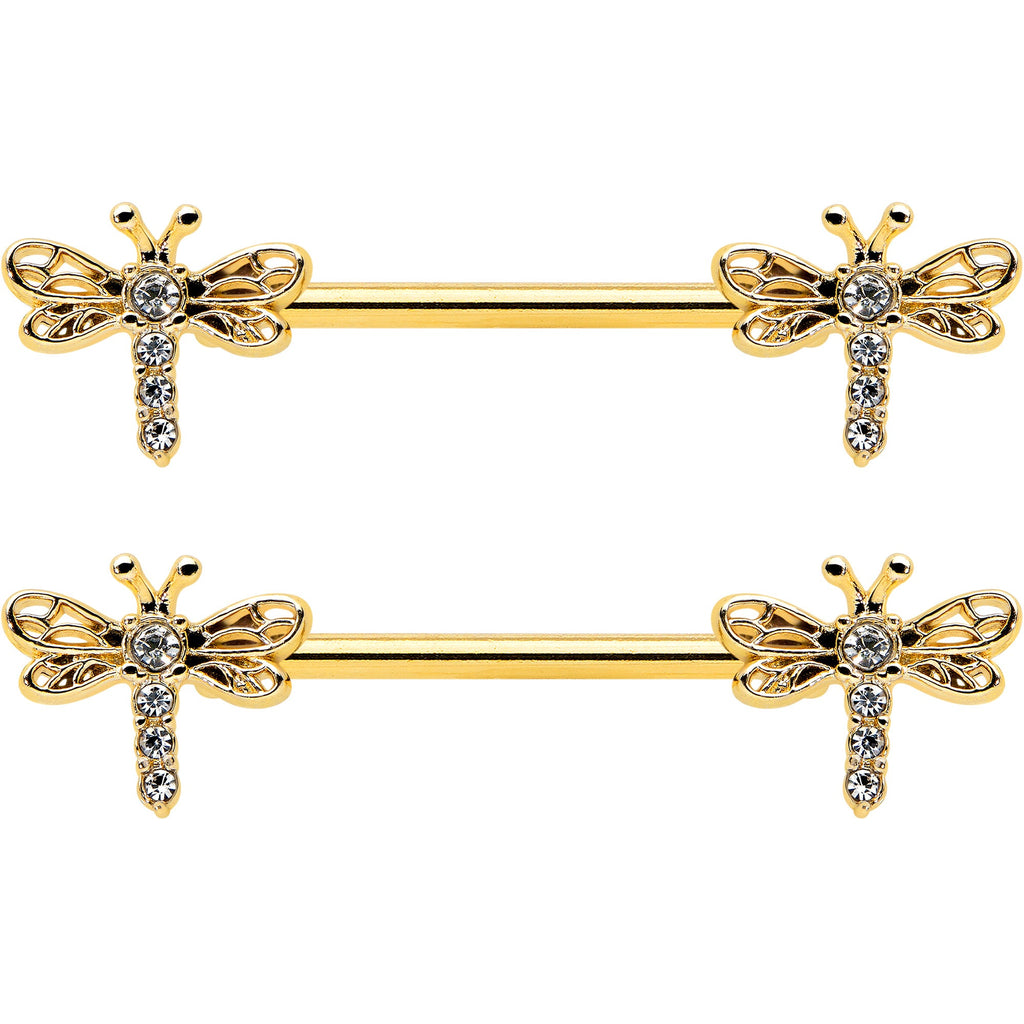 14G 9/16 Clear Gem Gold Tone Flying Dragonfly Nipple Ring Set