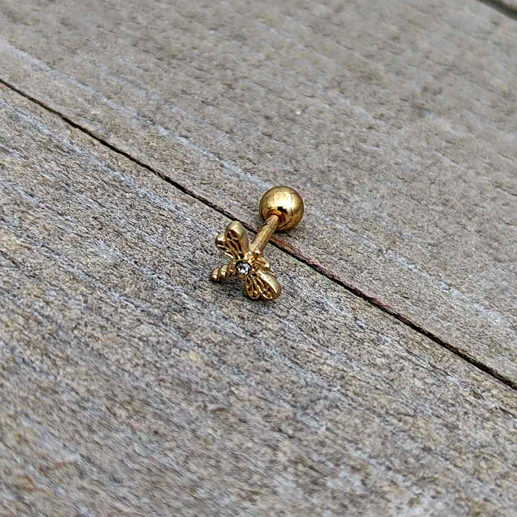 16G 1/4 Clear Gem Gold Tone Flying Dragonfly Cartilage Earring