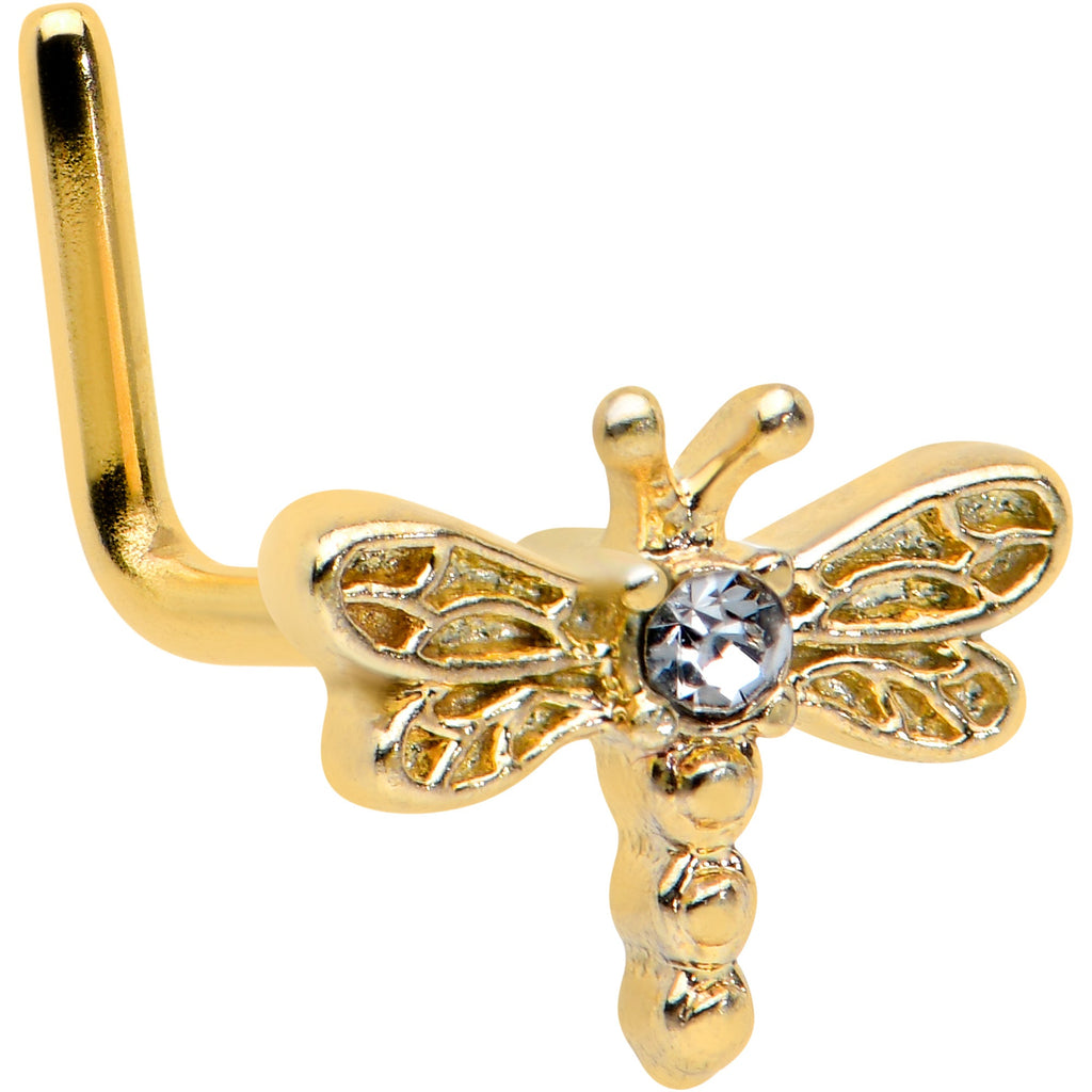 20G 7mm Clear Gem Gold Tone Flying Dragonfly L Shape Nose Ring