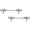 14G 9/16 Aurora Gem Ornate Dragonflies Barbell Nipple Ring Set
