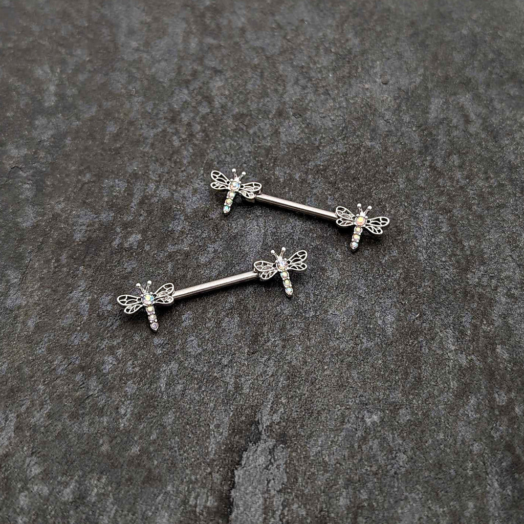 14G 9/16 Aurora Gem Ornate Dragonflies Barbell Nipple Ring Set