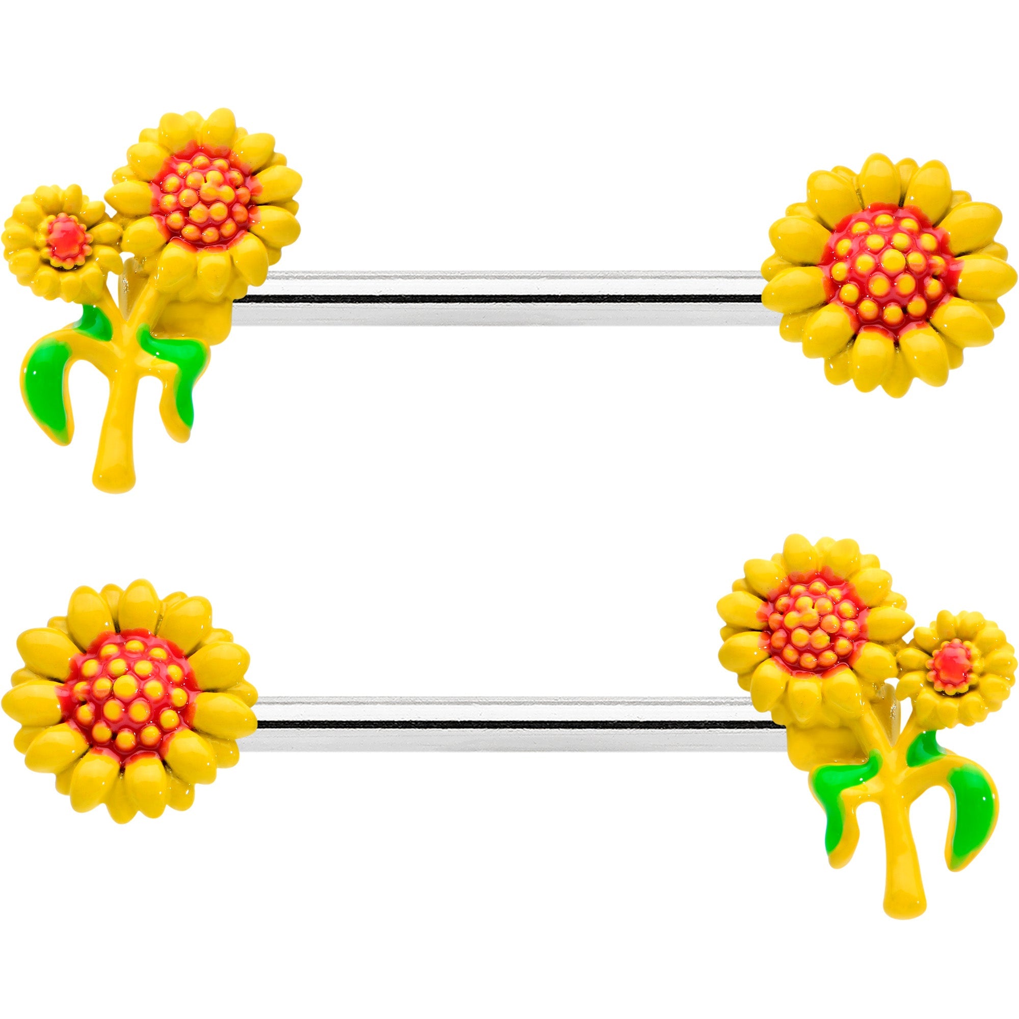 14G 9/16 Happy Yellow Sunflower Trio Barbell Nipple Ring Set