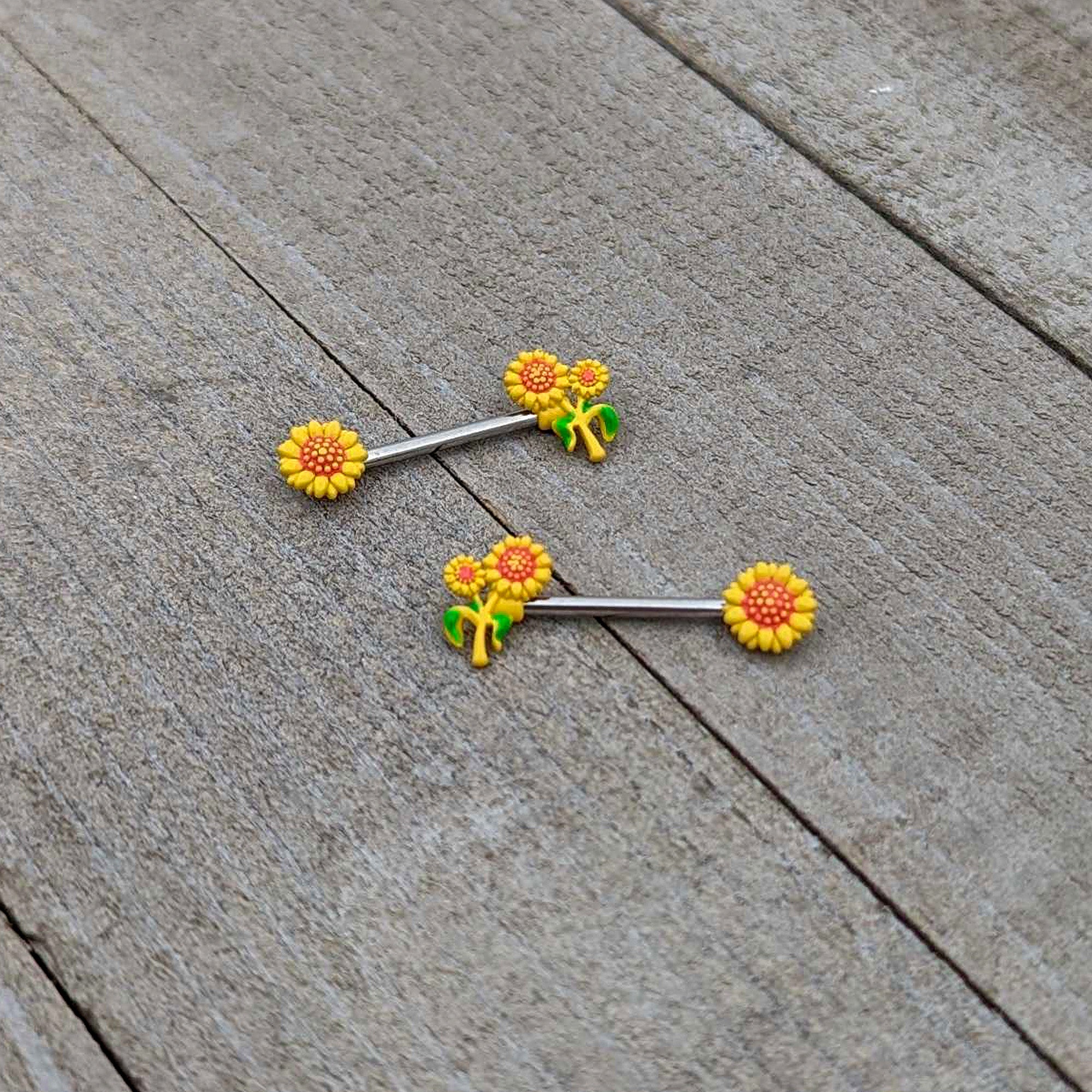 14G 9/16 Happy Yellow Sunflower Trio Barbell Nipple Ring Set
