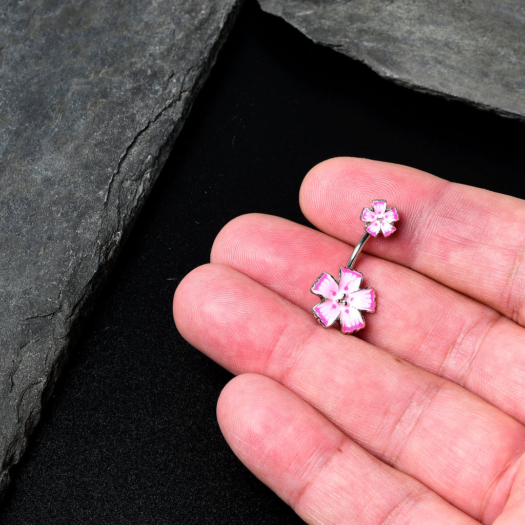 Pink Flower Textured Center Double Mount Belly Ring