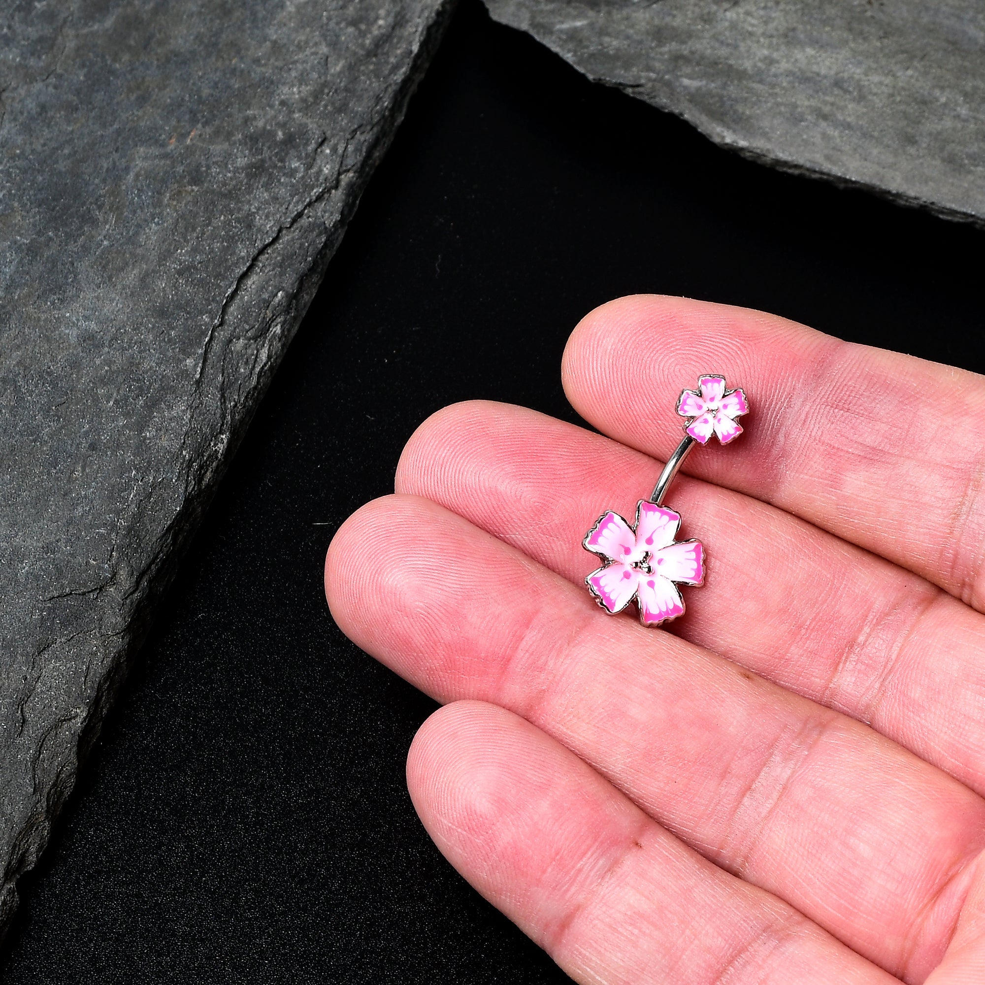 Pink Flower Textured Center Double Mount Belly Ring