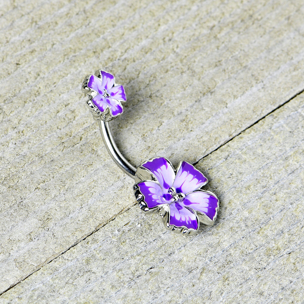 Purple Flower Textured Center Double Mount Belly Ring