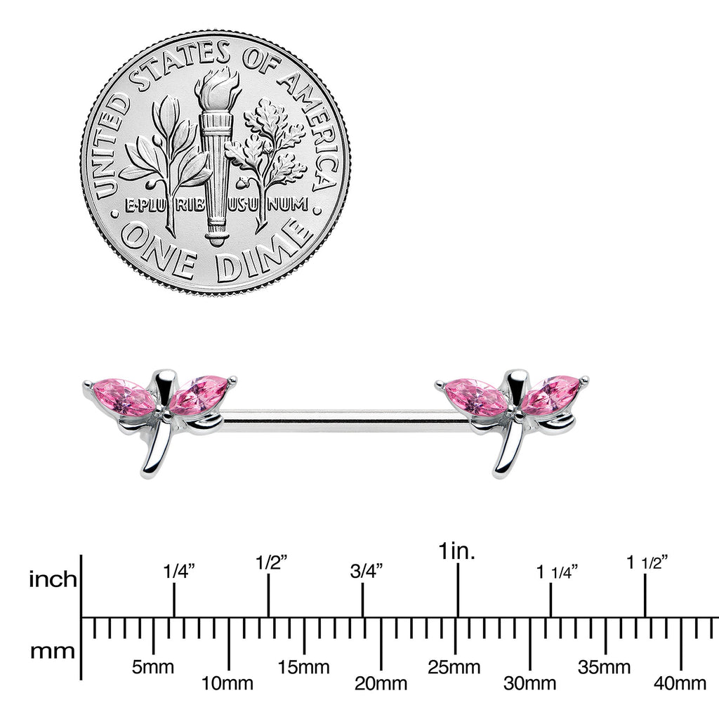 14G 5/8 Pink Gem Simple Styled Dragonfly Barbell Nipple Ring Set