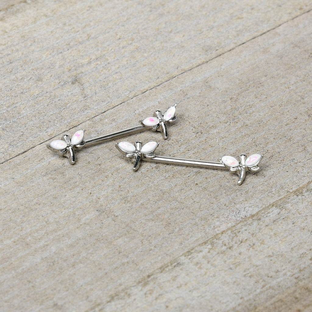 14G 5/8 White Faux Opal Styled Dragonfly Barbell Nipple Ring Set