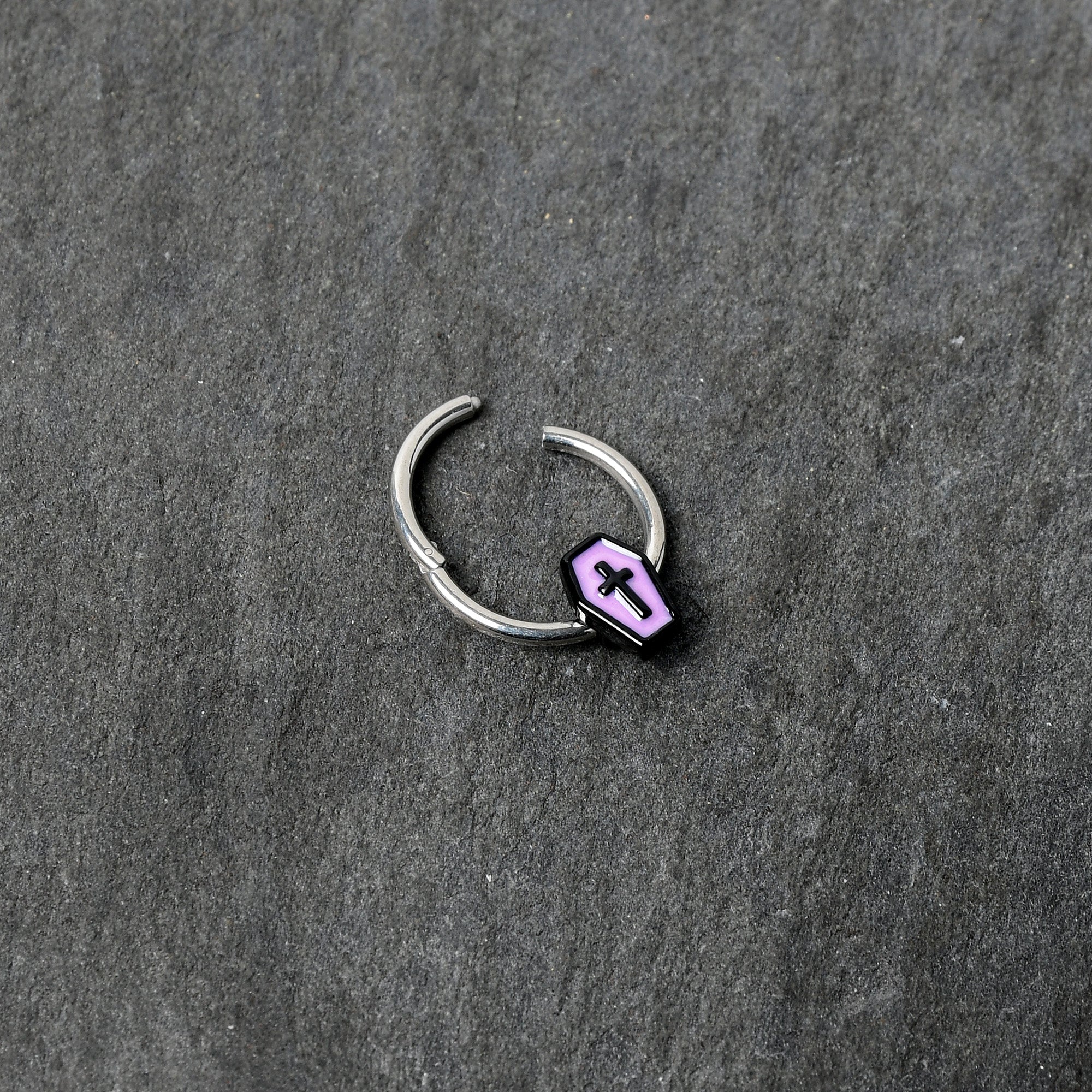 16G 3/8 Creepy Coffin Lt Purple Glow in Dark Hinged Segment Ring