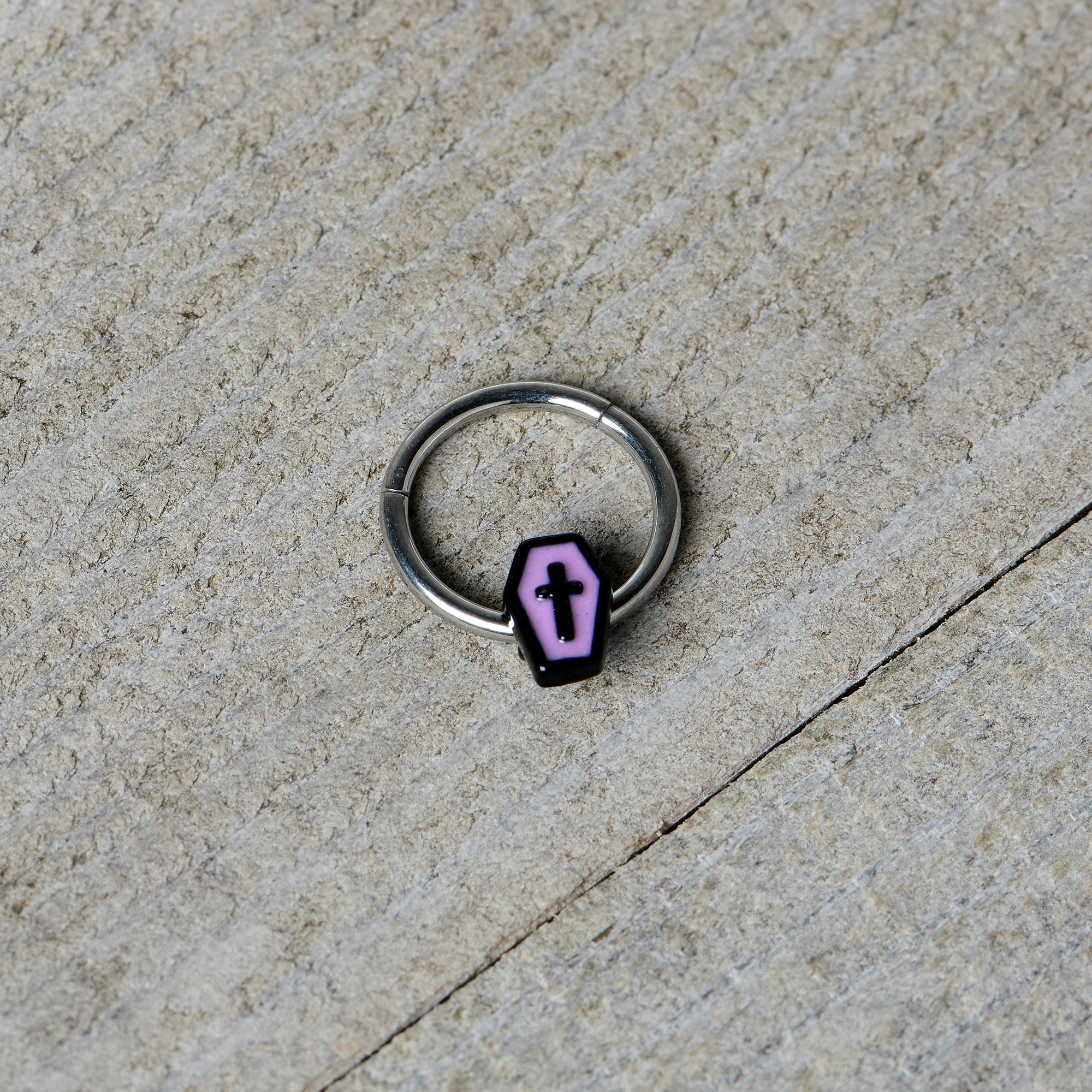 16G 3/8 Creepy Coffin Lt Purple Glow in Dark Hinged Segment Ring