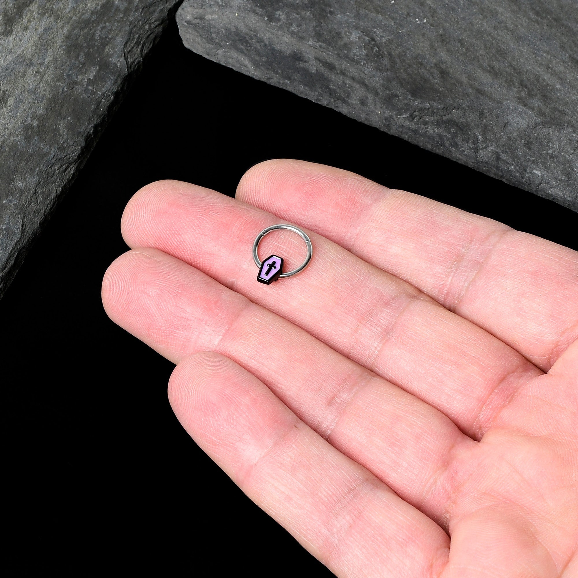 16G 3/8 Creepy Coffin Lt Purple Glow in Dark Hinged Segment Ring