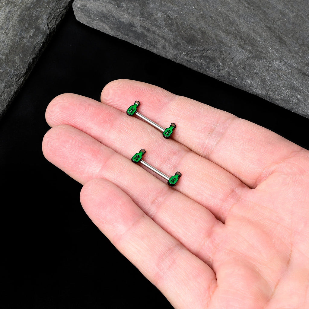 14G 9/16 Poison Green Bottle Glow in Dark Barbell Nipple Ring Set