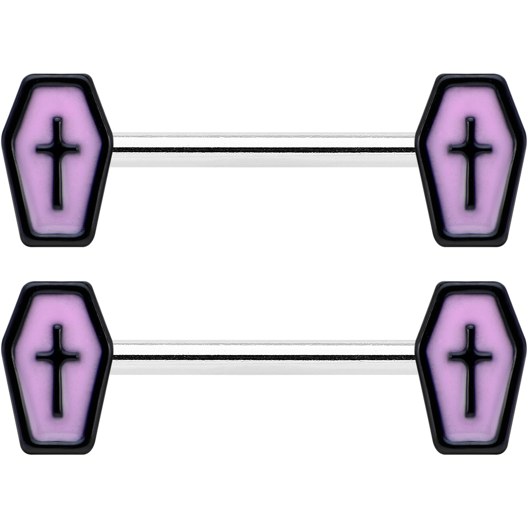 14G 9/16 Creepy Coffin Lt Purple Glow in the Dark Nipple Ring Set