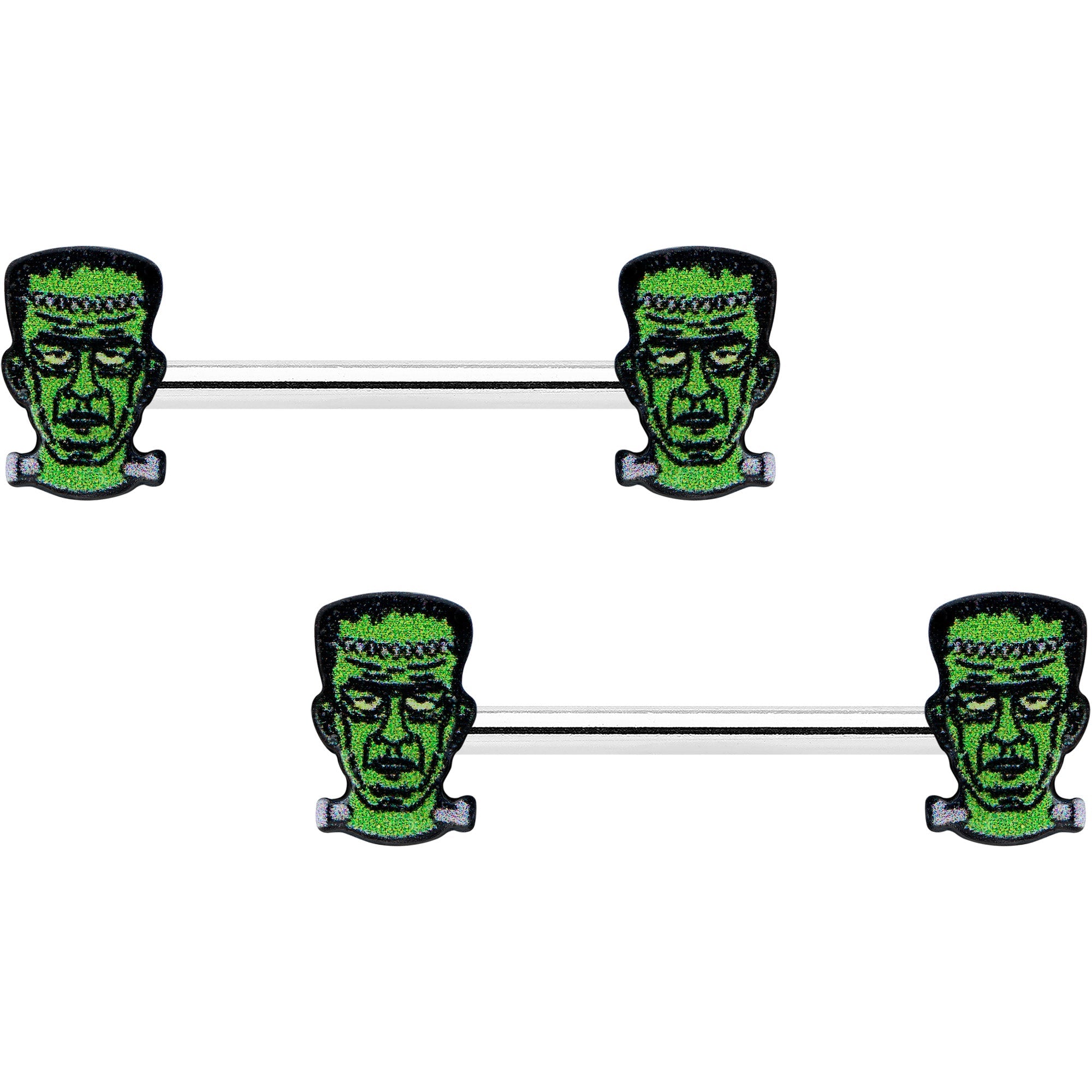 14G 9/16 Frankenstein Head Green Glow in the Dark Nipple Ring Set