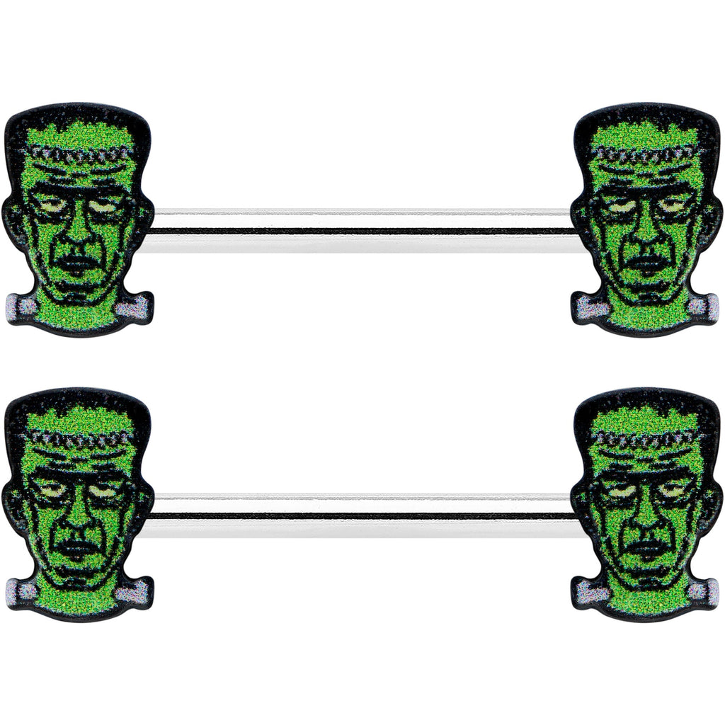 14G 9/16 Frankenstein Head Green Glow in the Dark Nipple Ring Set