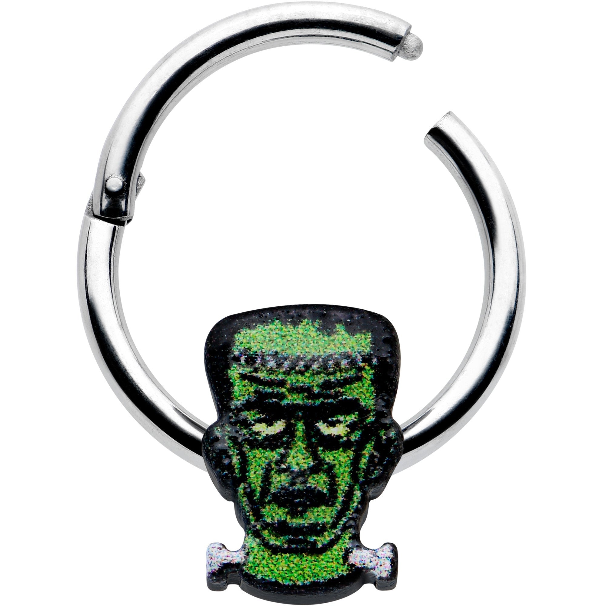 16G 3/8 Frankenstein Head Green Glow in Dark Hinged Segment Ring