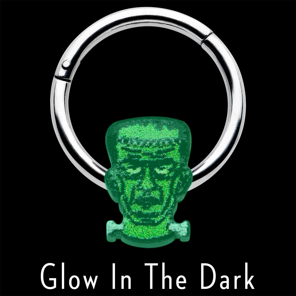 16G 3/8 Frankenstein Head Green Glow in Dark Hinged Segment Ring