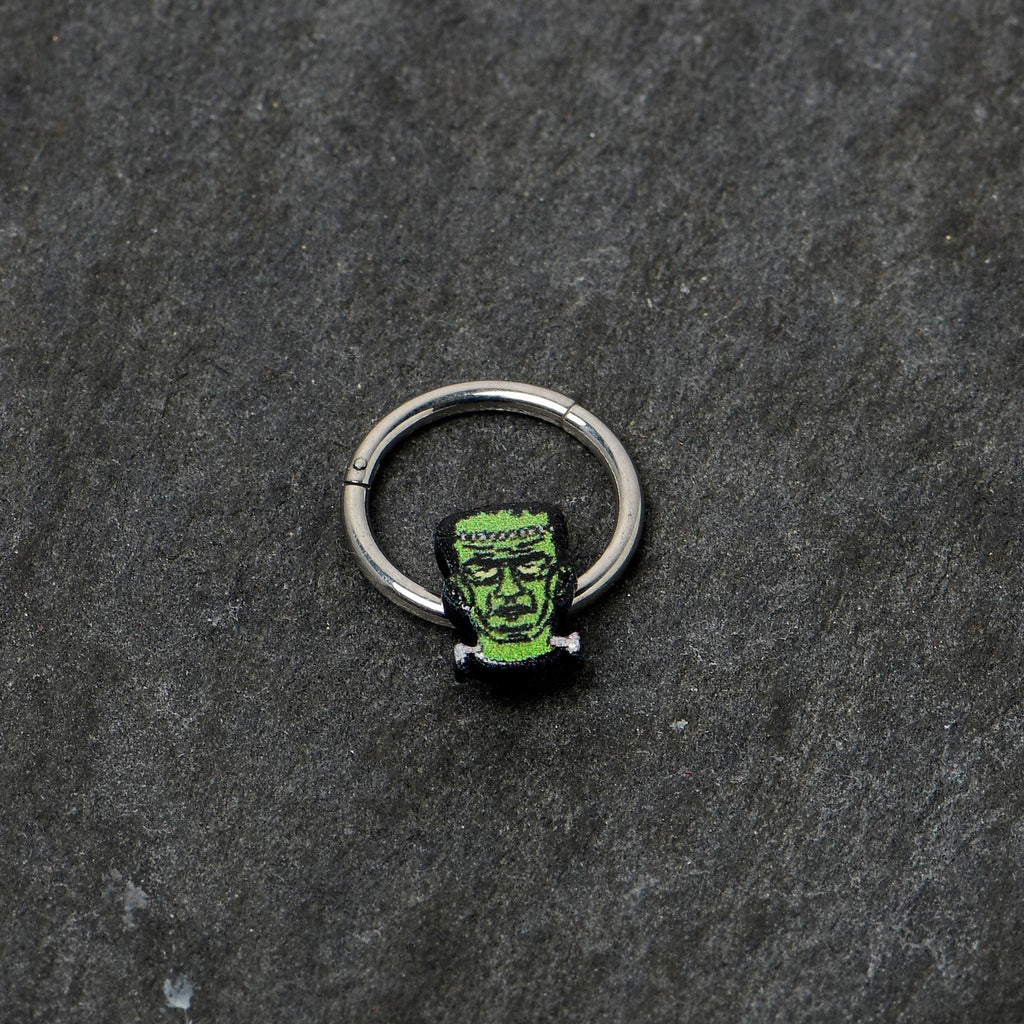 16G 3/8 Frankenstein Head Green Glow in Dark Hinged Segment Ring