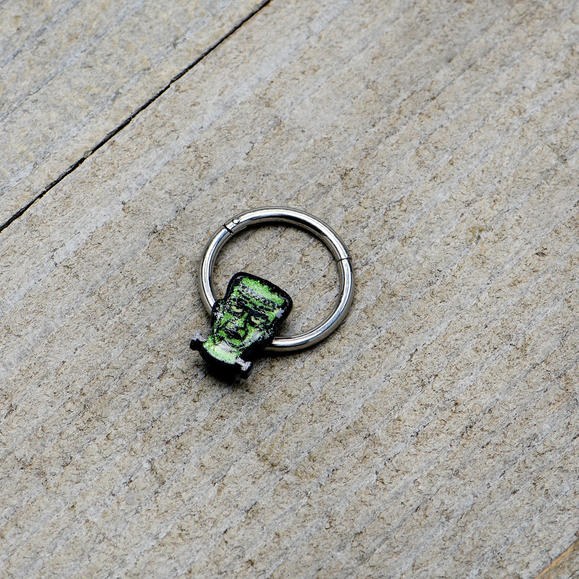 16G 3/8 Frankenstein Head Green Glow in Dark Hinged Segment Ring