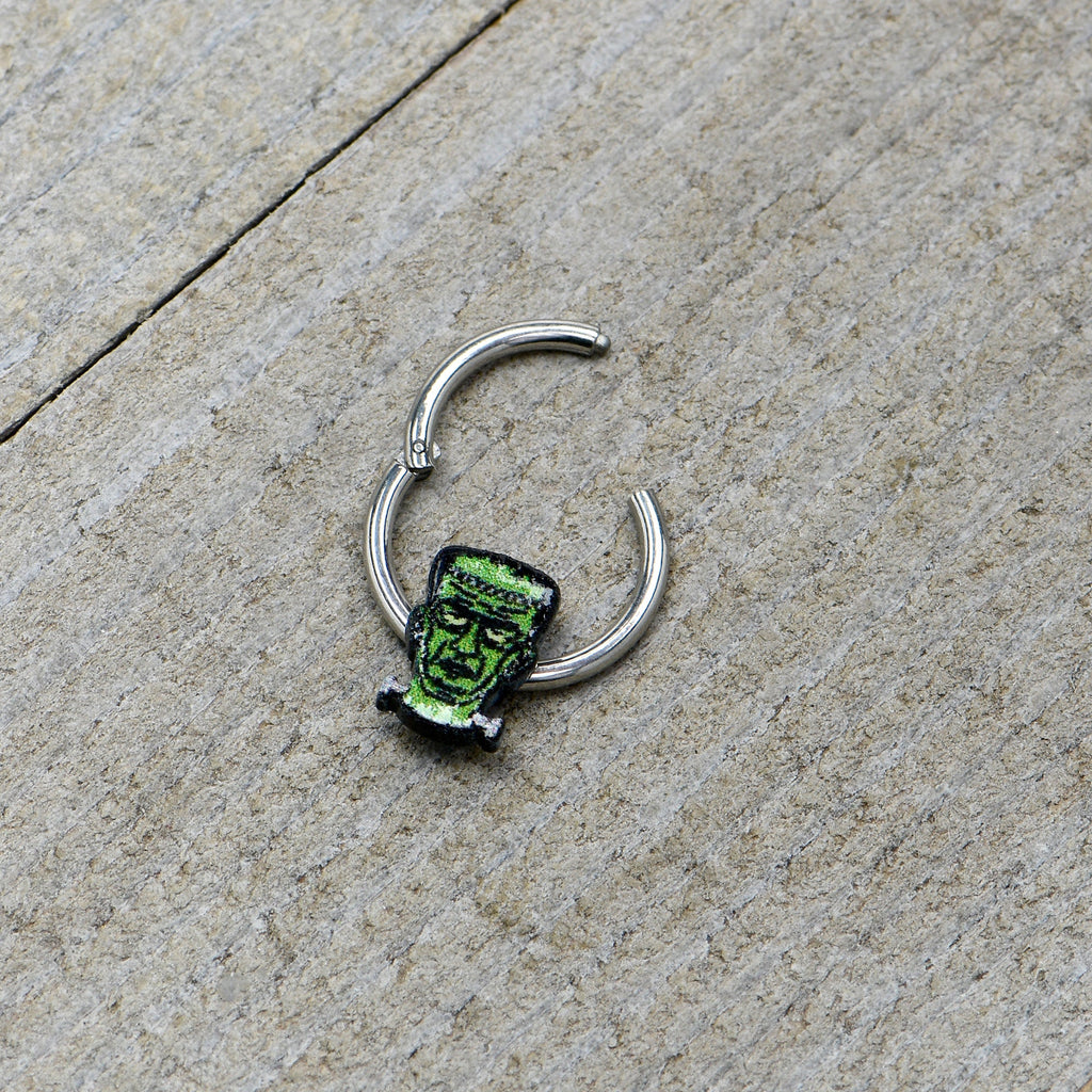 16G 3/8 Frankenstein Head Green Glow in Dark Hinged Segment Ring