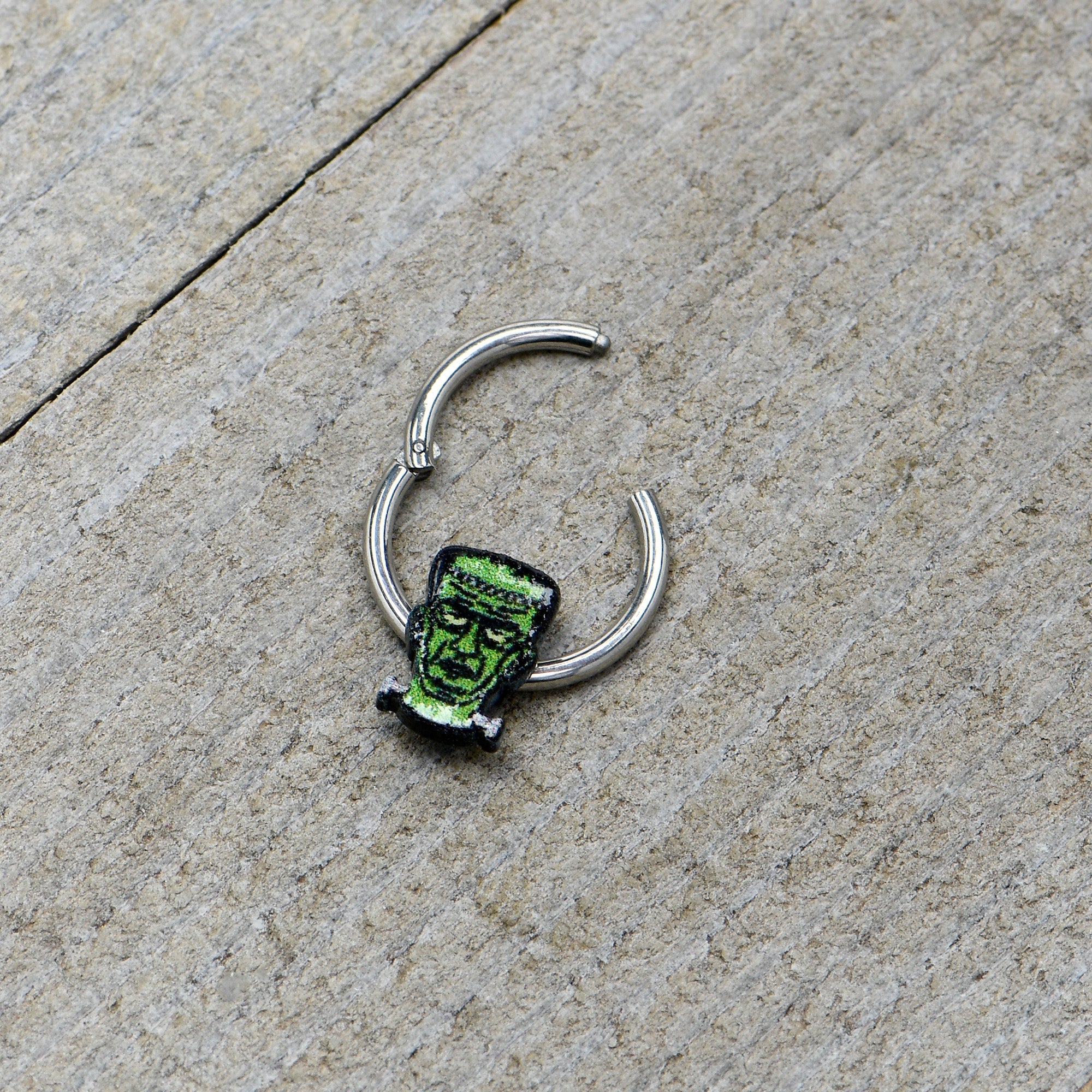 16G 3/8 Frankenstein Head Green Glow in Dark Hinged Segment Ring