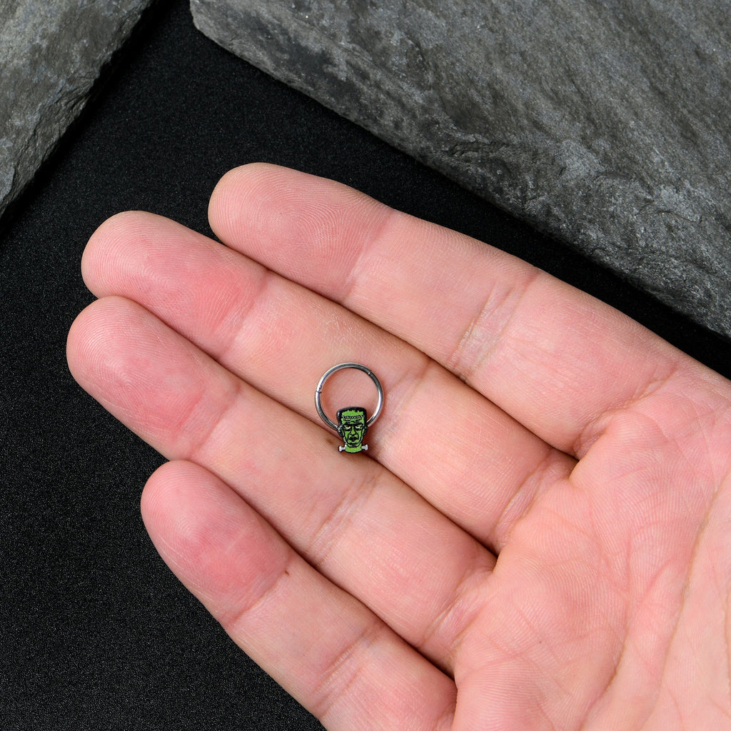 16G 3/8 Frankenstein Head Green Glow in Dark Hinged Segment Ring