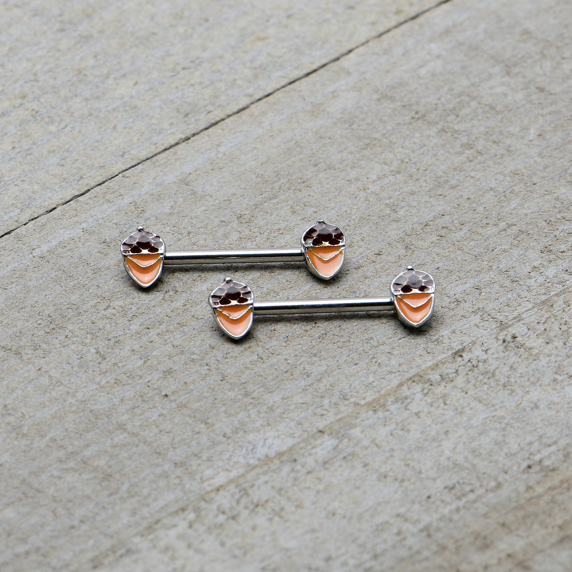 14G 9/16 Autumn Acorn Brown Orange Barbell Nipple Ring Set