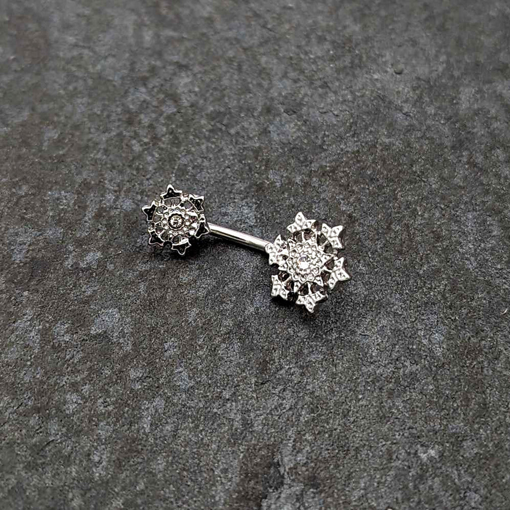 Clear Gem Filigree Winter Snowflakes Double Mount Belly Ring