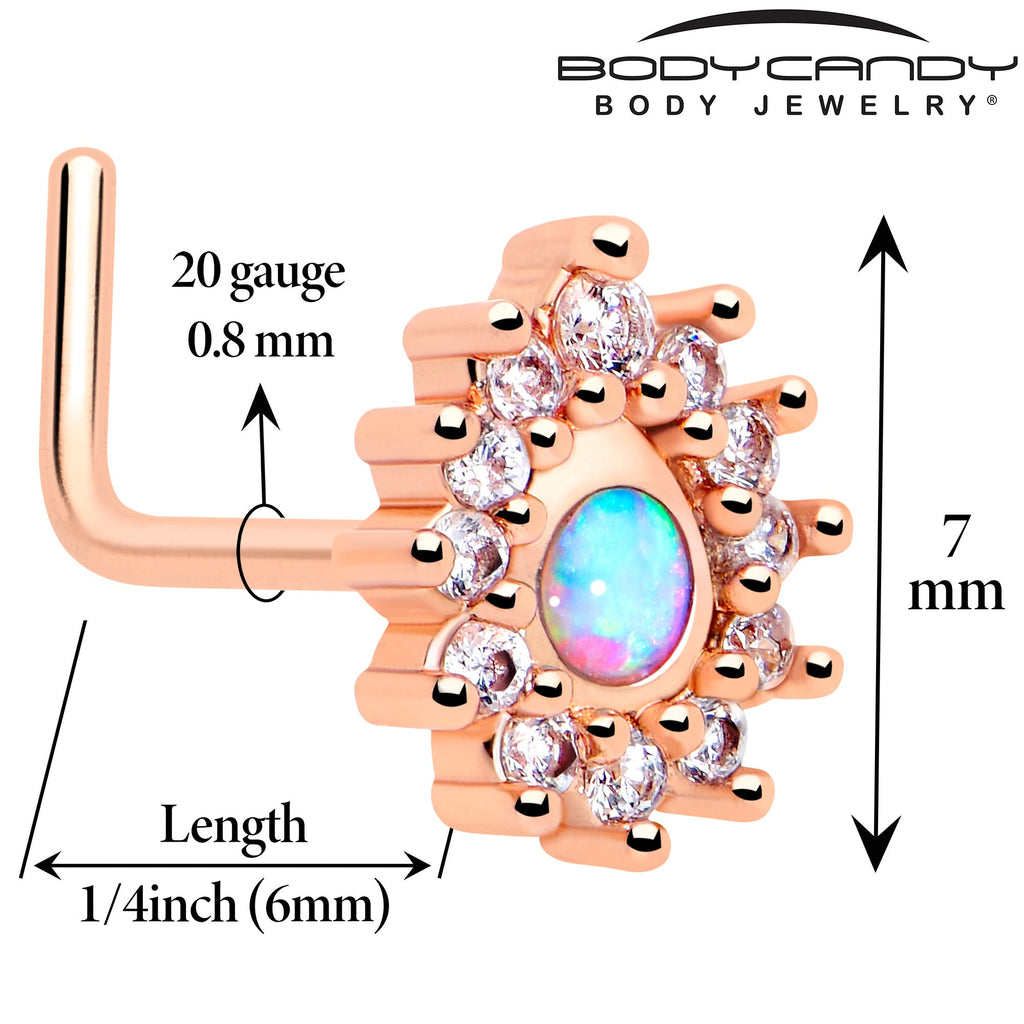 20G 7mm White Synthetic Opal Rose Gold Tone Lush L Shape Nose Ring