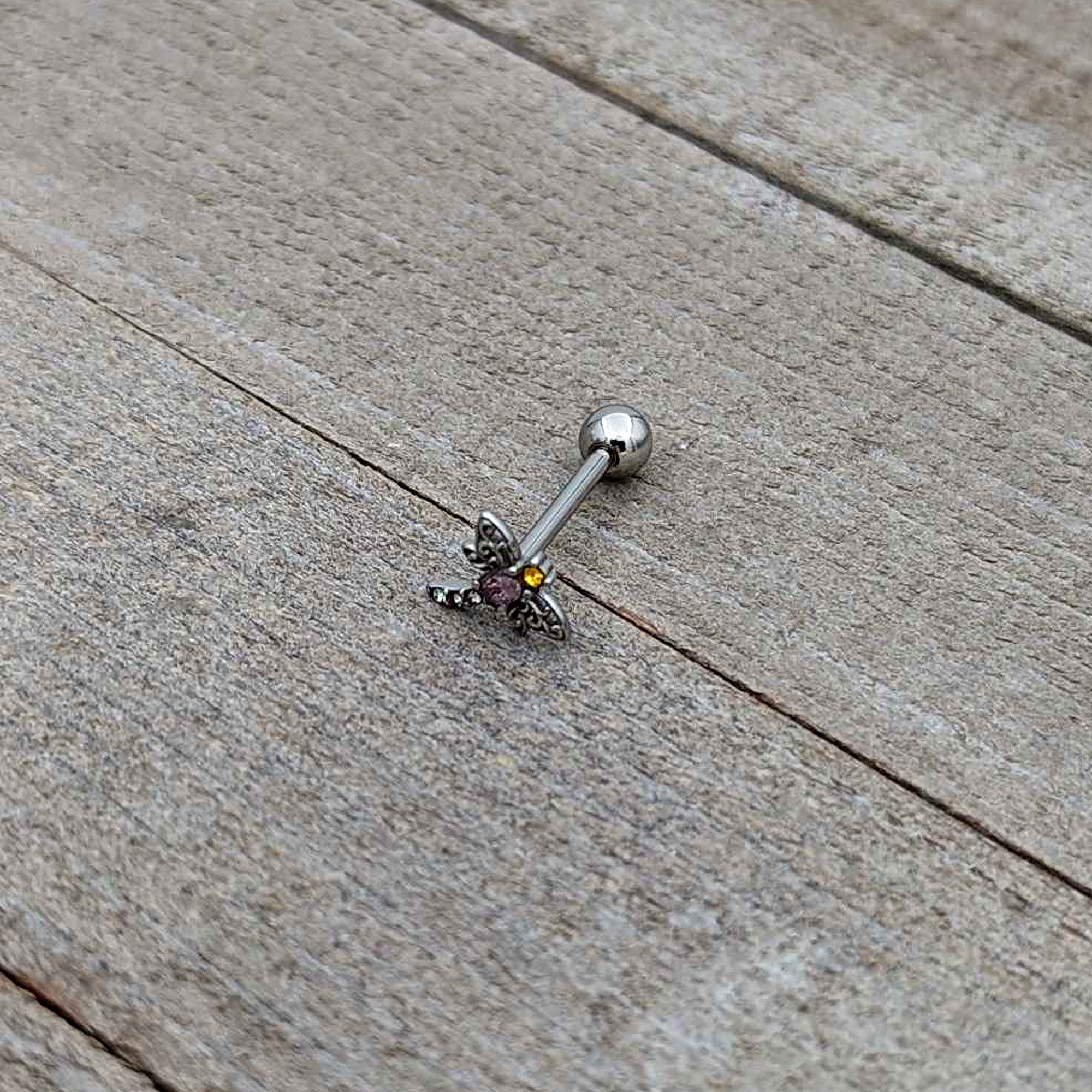 Purple Yellow Clear Gem Dragonfly Barbell Tongue Ring